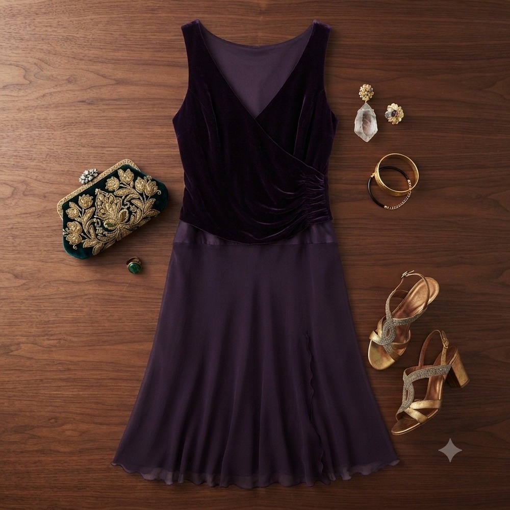 Jonathan Martin Studio Midi Dress Womens 8 Purple Velvet Silk Cocktail Y2K